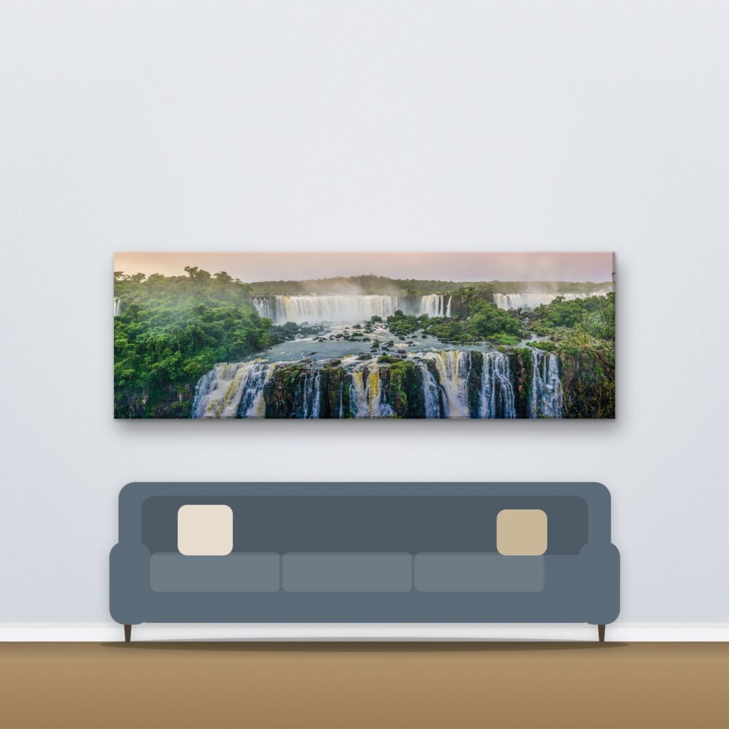 A panoramic waterfall canvas hanging above a sofa