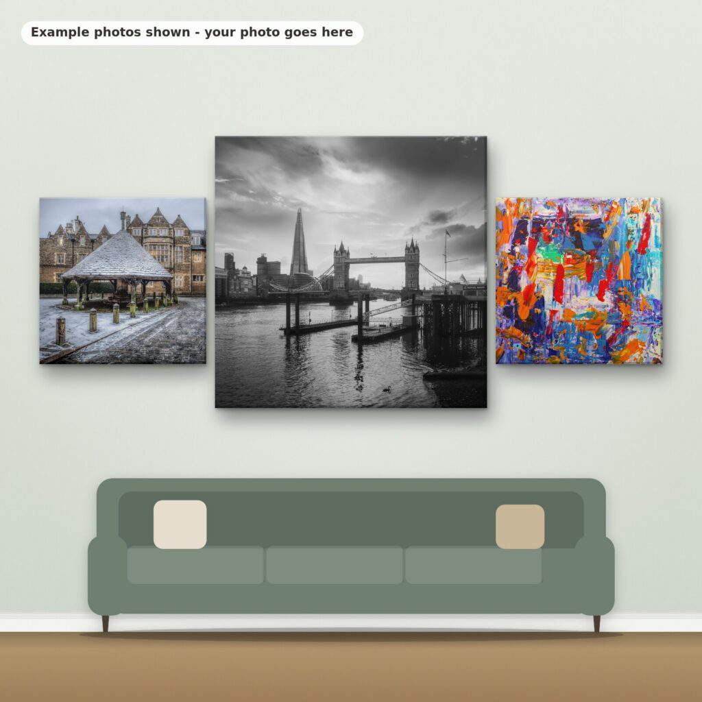 Example photos on three square canvases hanging above a sofa