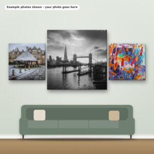 Example photos on three square canvases hanging above a sofa